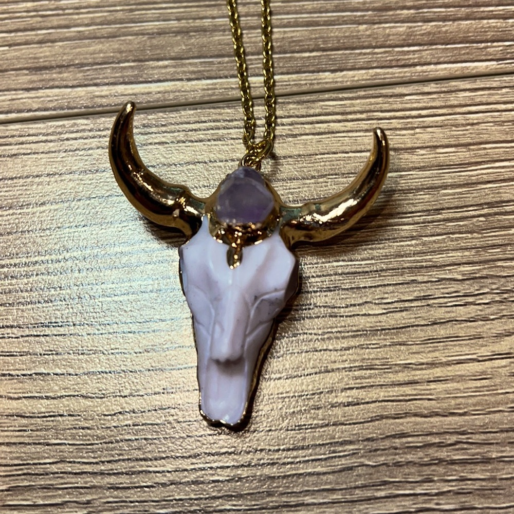Amethyst Cow Skull Necklace gold chain